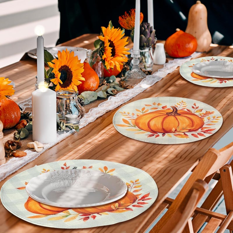 WATINC Autumn Pumpkin Fall Placemats  6pcs Autumn Round Place Mats Set Thanksgiving Harvest Circle Placemat Buffalo Plaid Leaves Table Plate Mat for Kitchen Dinner Dining Party Decor 15 inch - Image 4