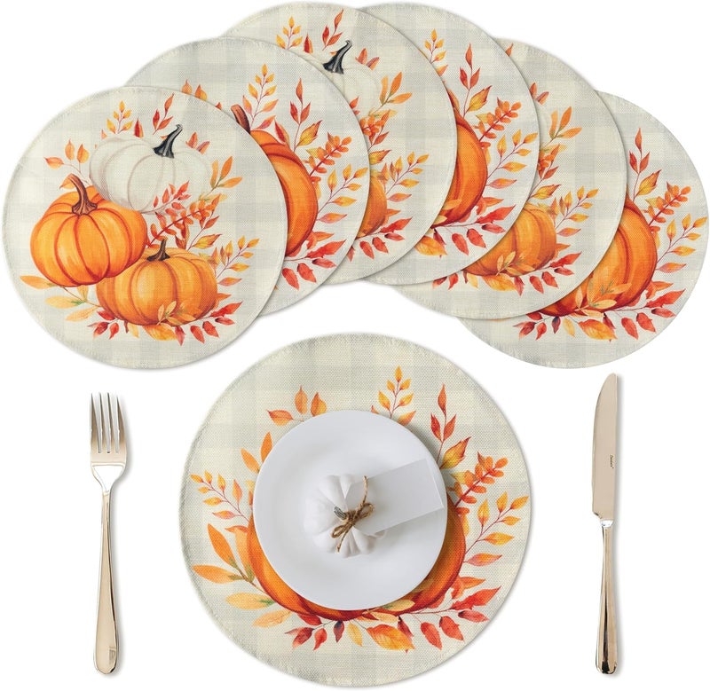 WATINC Autumn Pumpkin Fall Placemats  6pcs Autumn Round Place Mats Set Thanksgiving Harvest Circle Placemat Buffalo Plaid Leaves Table Plate Mat for Kitchen Dinner Dining Party Decor 15 inch - Image 1