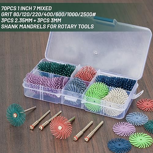 SI FANG 76Pcs 1 Inch Mini Radial Bristle Disc Mix Kit with 2.35mm/3mm Mandrels for Rotary Tools Accessories Cleaning Deburring Sanding, Grit 80/120/220/400/600/1000/2500 Abrasive Buffing Wheel Polishing Bits - Image 2