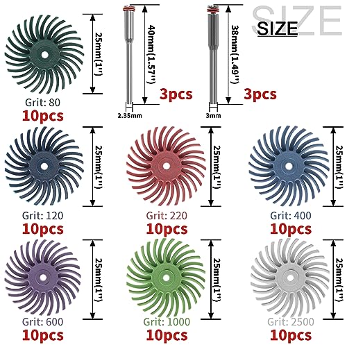 SI FANG 76Pcs 1 Inch Mini Radial Bristle Disc Mix Kit with 2.35mm/3mm Mandrels for Rotary Tools Accessories Cleaning Deburring Sanding, Grit 80/120/220/400/600/1000/2500 Abrasive Buffing Wheel Polishing Bits - Image 3
