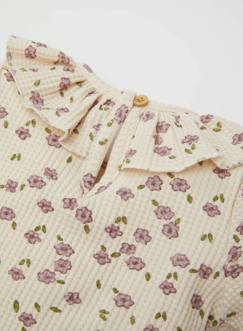 DeFacto Frilled Collar Floral Waffle Long Sleeve T-Shirt