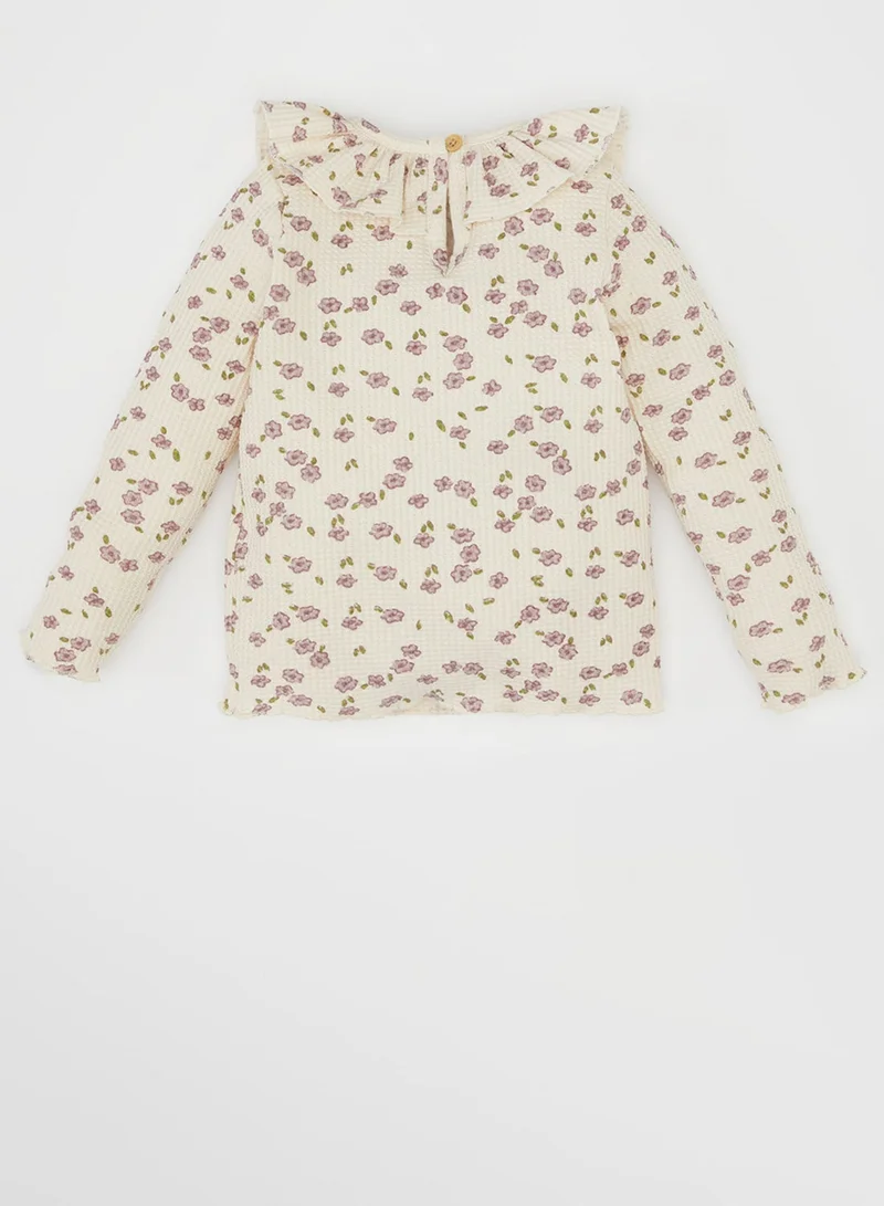 DeFacto Frilled Collar Floral Waffle Long Sleeve T-Shirt