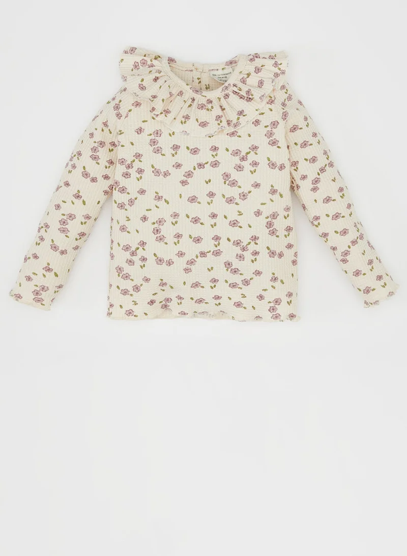 DeFacto Frilled Collar Floral Waffle Long Sleeve T-Shirt