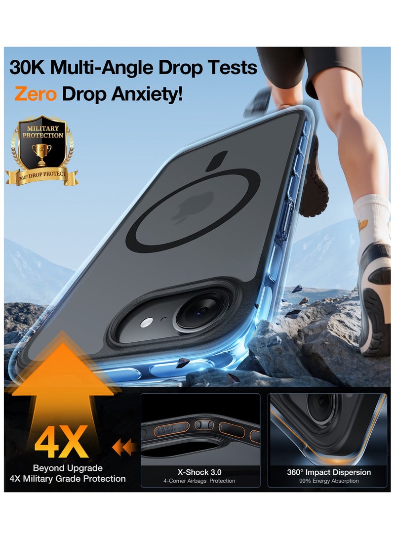 Magnetic Shockproof for iPhone 16e Case 2025, Fit for MagSafe, 4X Mil-Grade Rugged Durable Protection, Slim Anti-Scratch Translucent Phone Case for iPhone 16e 6.1", Black