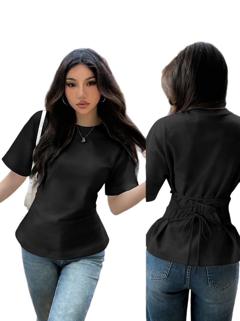 Women'S Fashion Versatile Basic Style with Back Tie - Up Drawstring Design, And Machine Washable - Black / S - Image 1