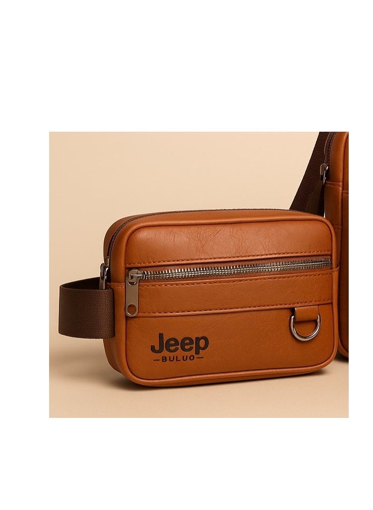 Jeep Buluo Men's Leather Handbag with Wristlet and Multi-Pocket - Havana  - Image 1