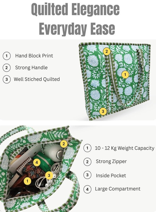 Third Eye Export 100% Cotton Quilted Tote Bag 18x16- Large Zipper Beach Bag & Travel Bag Green Purse Reusable Grocery Bags, Orient Elephant, 18X16 Inches - Image 4