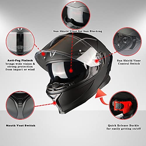 1Storm Motorcycle Full Face Helmet DOT Adults Street Bike Dual Visor Sun Inner Shield with One Extra Clear Shield: Glossy Black - Image 3