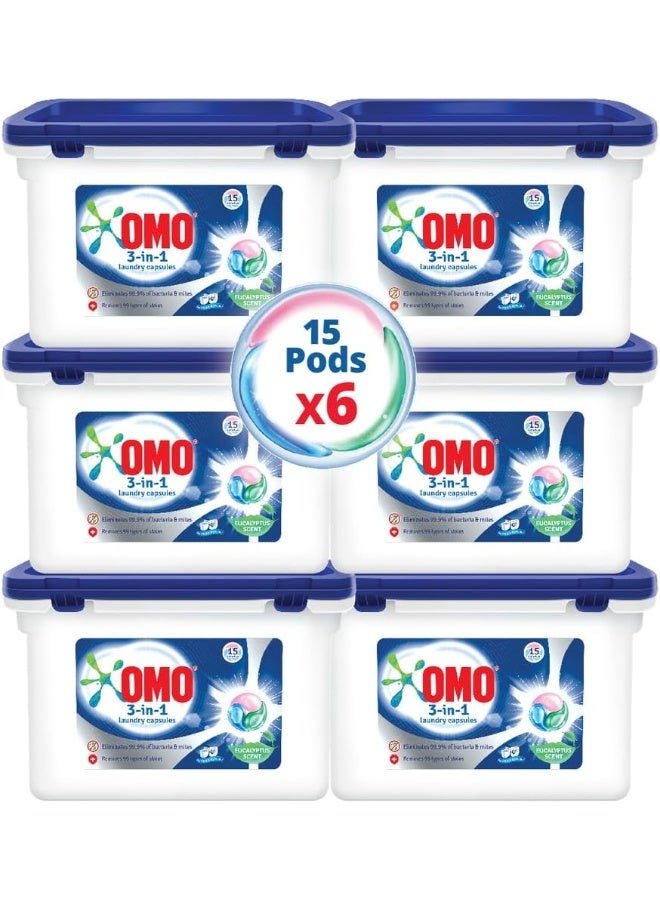Omo أقراص غسيل أومو 3 في 1، رائحة الأوكاليبتوس، 15 قطعة، عبوة من 6 - Image 1