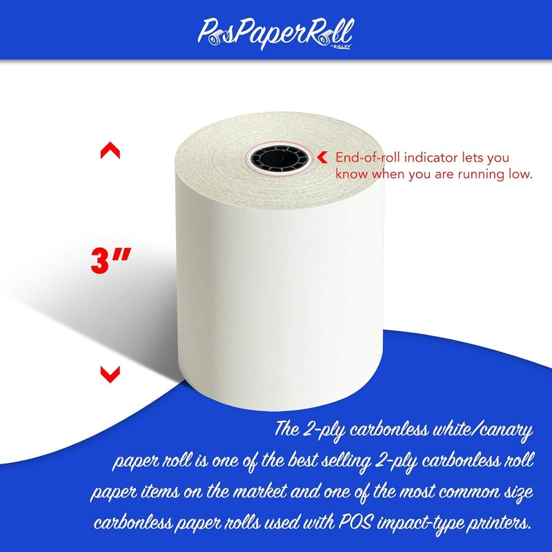 PosPaperRoll 50 Rolls 3" x 95' 2-Ply Carbonless White/Canary Cash Register Paper for M119 Hypercom T77F (Impact Printer) NCR 7445-1000 Samsung SRP-100 Visit the Store - Image 3