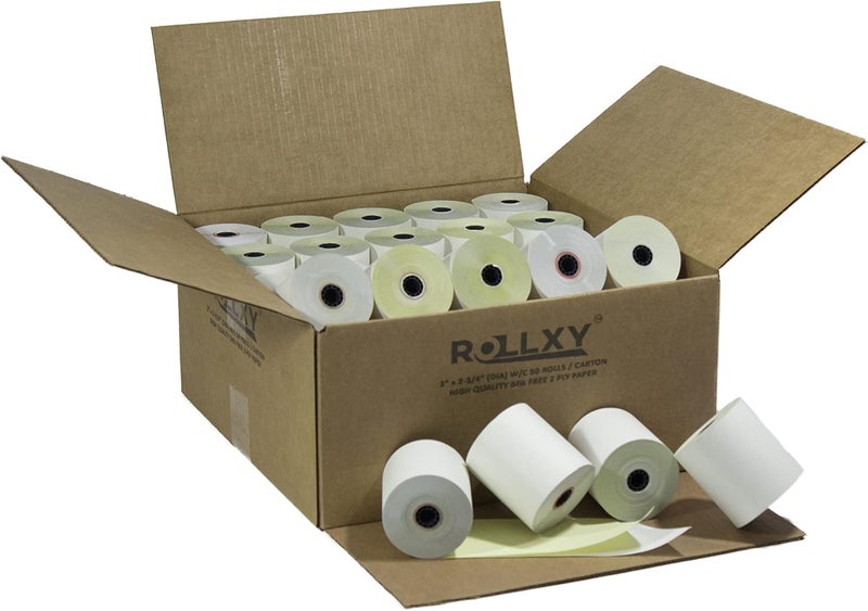 PosPaperRoll 50 Rolls 3" x 95' 2-Ply Carbonless White/Canary Cash Register Paper for M119 Hypercom T77F (Impact Printer) NCR 7445-1000 Samsung SRP-100 Visit the Store - Image 1