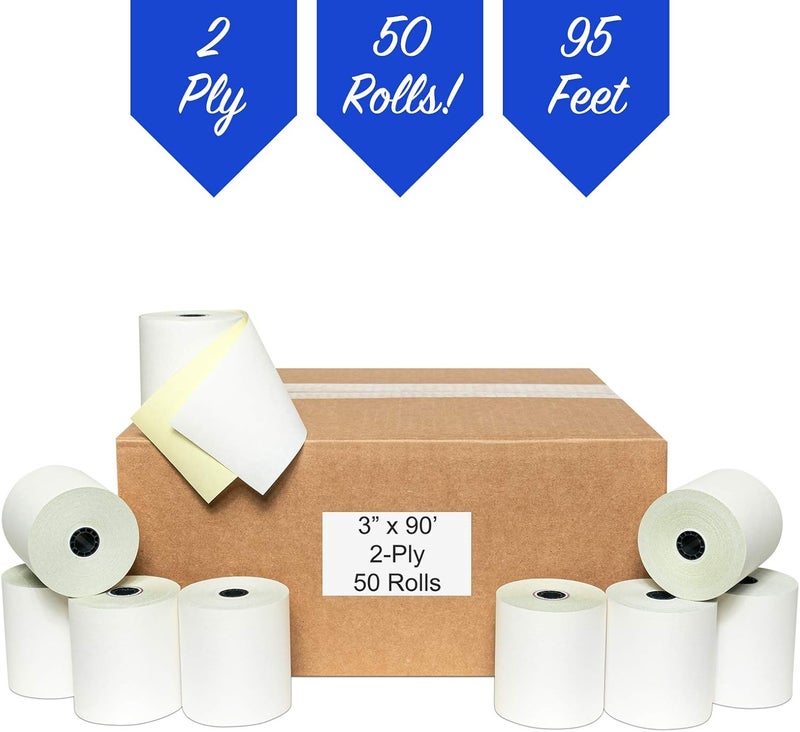 PosPaperRoll 50 Rolls 3" x 95' 2-Ply Carbonless White/Canary Cash Register Paper for M119 Hypercom T77F (Impact Printer) NCR 7445-1000 Samsung SRP-100 Visit the Store - Image 5