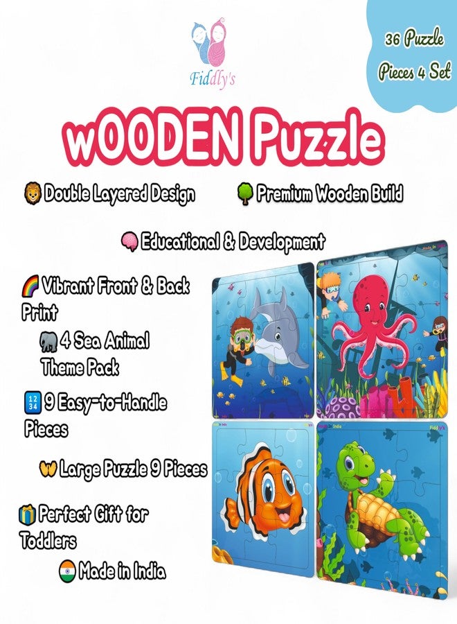 Fiddlys Wooden Jigsaw Puzzles for Kids & Children – 9 Pieces Each, Pack of 4|Double Layered Front & Back Print| Educational Toy for Boys & Girls Age 2 3 4 5 6 Year Old (Sea, Pack of 4) - Image 3