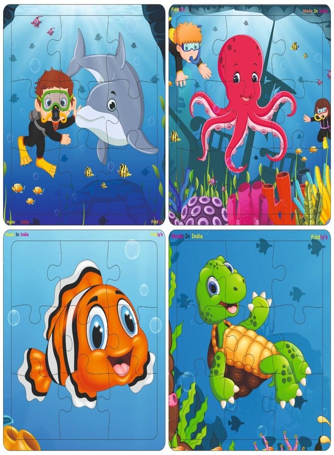 Fiddlys Wooden Jigsaw Puzzles for Kids & Children – 9 Pieces Each, Pack of 4|Double Layered Front & Back Print| Educational Toy for Boys & Girls Age 2 3 4 5 6 Year Old (Sea, Pack of 4) - Image 1