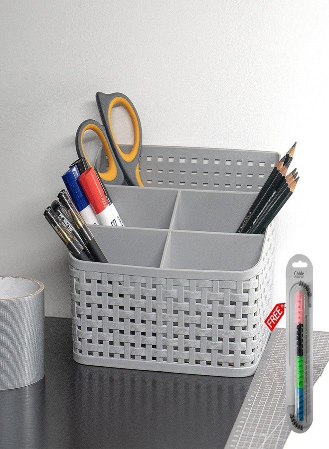 RUSHIL WERE Storage Basket | Free Charging Cable Protector | Makeup, Stationery, Desk, Kitchen StorageI Multi-Functional Organizer | With 5 Compartments | Plastic | Multicolor | Set of 1 - Image 1