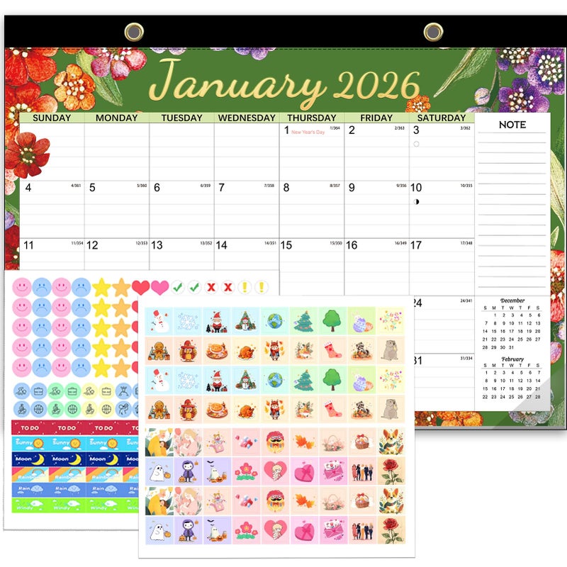 AECCN Desk Calendar 2026, Anti-Ink Bleed, Plastic Cover, Ample Space, Through June 2027 with Stickers, 17" x 12" Large Seasonal Wall Calendar 2026 for Home, Office, Student & Teacher Supplies- Flower - Image 1