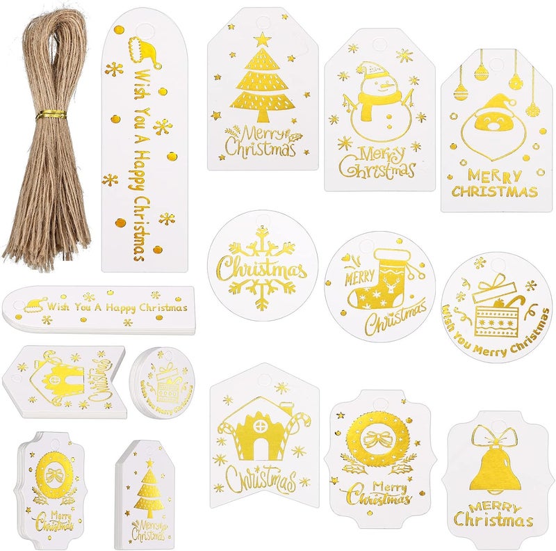 klarako 200 Pieces Christmas Present Tags Gold Foil Paper Present Tag Name Tags Label Christmas Label Hang Tags Christmas Paper Tags Xmas Present Tag with Twine for Christmas DIY Present Supplies Decoration - Image 1