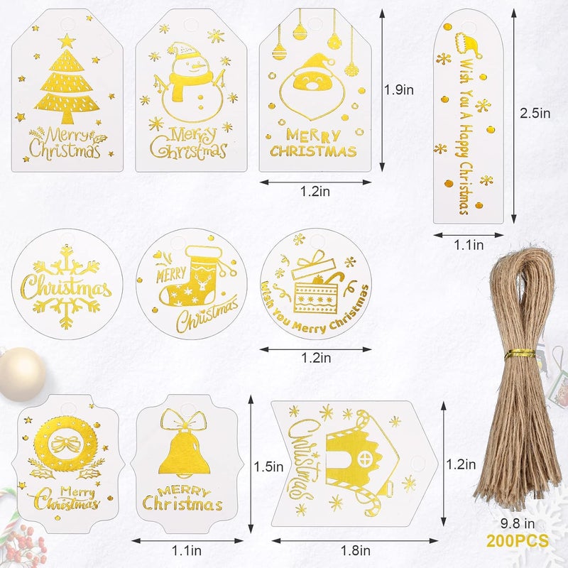 klarako 200 Pieces Christmas Present Tags Gold Foil Paper Present Tag Name Tags Label Christmas Label Hang Tags Christmas Paper Tags Xmas Present Tag with Twine for Christmas DIY Present Supplies Decoration - Image 4
