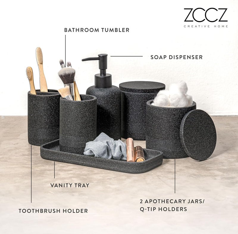 ZCCZ - مجموعة ملحقات الحمام السوداء 6 قطع - حامل فرشاة أسنان، موزعات الصابون واللوشن، موزع حامل أعواد القطن (2 قطعة)، صينية الزينة، كوب الحمام - منظم الزينة للأسطح - مجموعة ملحقات الحمام - Image 3