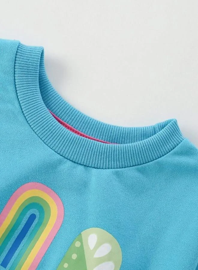 YUNIQEE Turquoise Blue Printed Long Sleeve Crew Neck T-Shirt