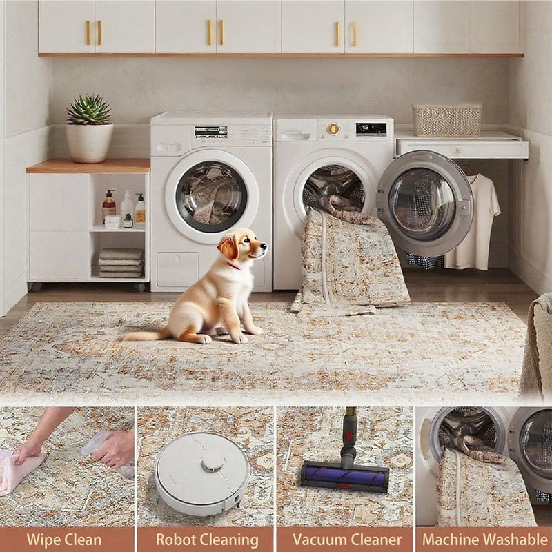 Vintage Orange Washable Area Rug, Non-Slip Low Pile Floor Cover for Living Room and Bedroom (4' x 6') - Image 5