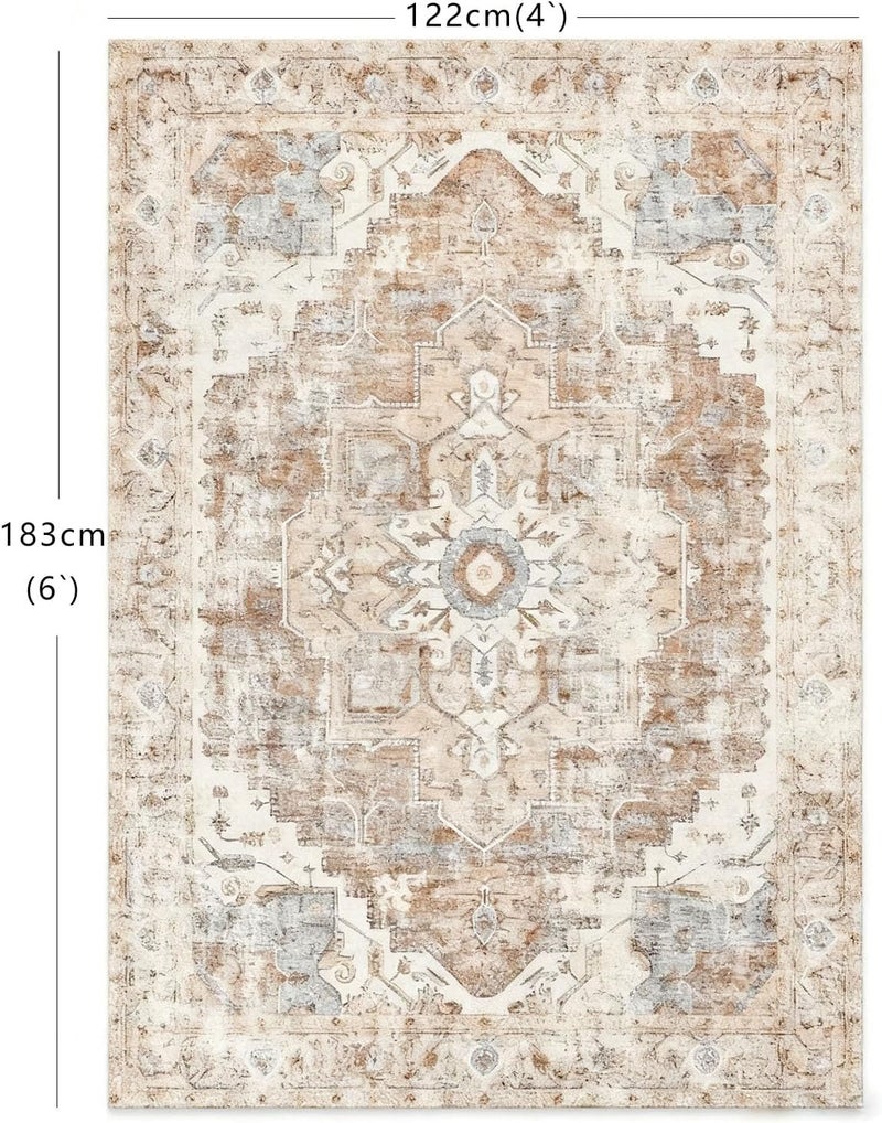 Vintage Orange Washable Area Rug, Non-Slip Low Pile Floor Cover for Living Room and Bedroom (4' x 6') - Image 2