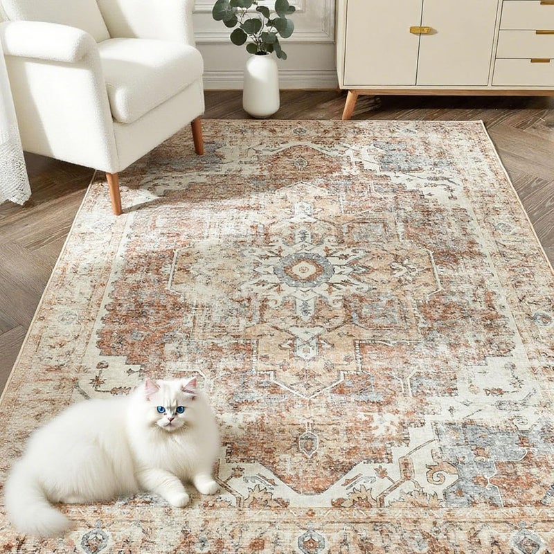 Vintage Orange Washable Area Rug, Non-Slip Low Pile Floor Cover for Living Room and Bedroom (4' x 6') - Image 1