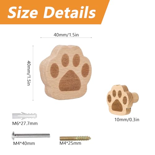 MOROBOR Cats Paw Print Knobs 6pcs SelfAdhesive Wood Drawer Knobs Single Hole Pull Handles Unique Decorative Wooden Furniture Knobs with Screws Expansion Tube - Image 3