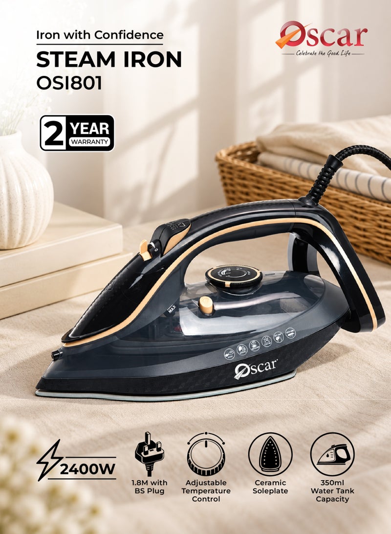 Oscar 2400W Steam Iron | 350ml Large Water Tank | Premium Ceramic Soleplate for Smooth Glide | Adjustable Temperature Control for All Fabrics | Continuous & Burst Steam with Spray & Dry Ironing | Self‑Cleaning System | OSI801 - 2 Year Warranty - Image 2