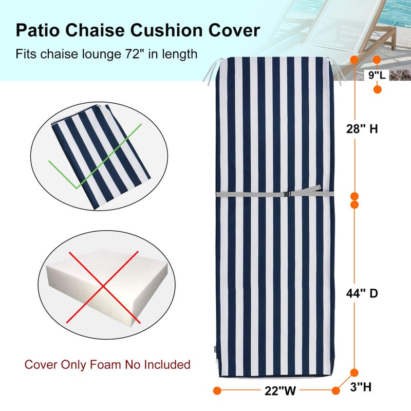 NettyPro Outdoor Patio Lounge Chair Cushion Covers Set 2 with Zipper and Tie, Water Repellent UV Resistant, 72 x 22 x 3 Inch, Replacement Cover Only, Stripes Navy Blue and White - Image 4