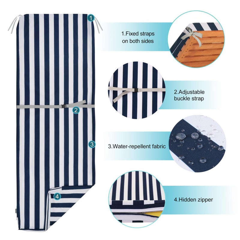 NettyPro Outdoor Patio Lounge Chair Cushion Covers Set 2 with Zipper and Tie, Water Repellent UV Resistant, 72 x 22 x 3 Inch, Replacement Cover Only, Stripes Navy Blue and White - Image 3