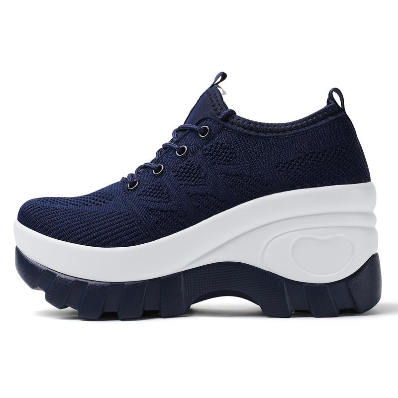 XBLDU Women's Chunky Platform Comfort Orthopedic Wedge Walking Shoes Fashion Knitted Breathable Lace Up Lug Sole Casual Non-Slip Running Shoes With Arch Support (blue, Adult, Women, 8.5, Numeric, US Footwear Size System, Medium) - Image 2