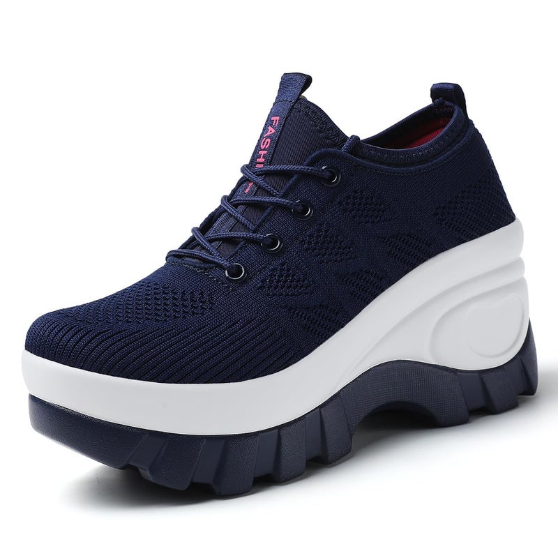 XBLDU Women's Chunky Platform Comfort Orthopedic Wedge Walking Shoes Fashion Knitted Breathable Lace Up Lug Sole Casual Non-Slip Running Shoes With Arch Support (blue, Adult, Women, 8.5, Numeric, US Footwear Size System, Medium) - Image 1