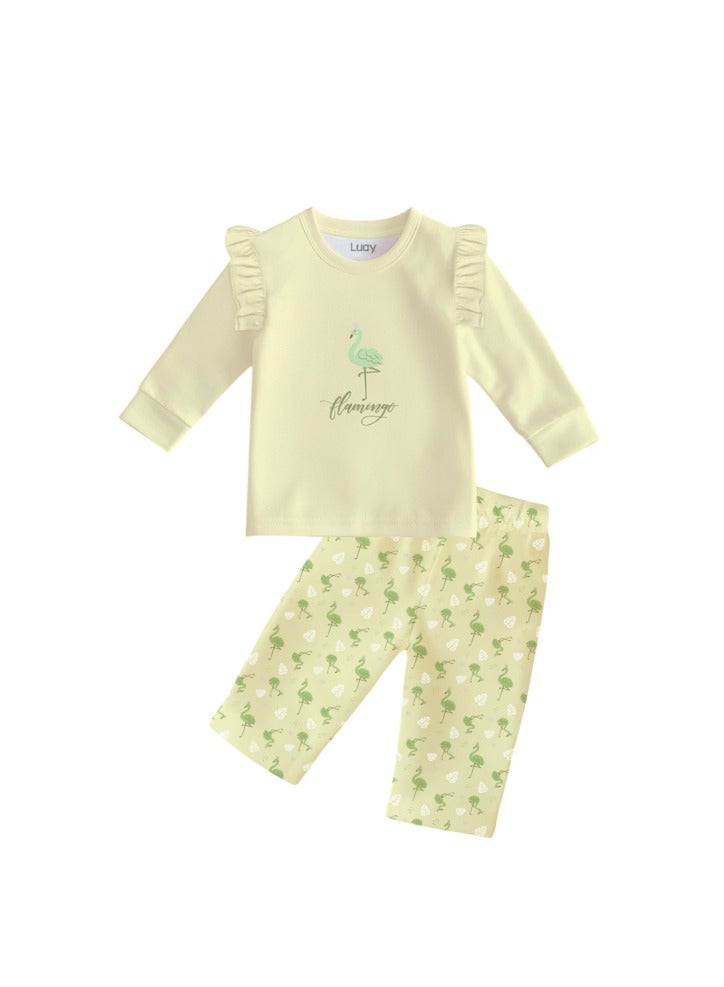لؤي® طقم مطبوع بتصميم فلامنغو من القطن بنسبة 100% | أزياء فائقة النعومة، أنيقة وراقية | تيشيرت بأكمام طويلة وبنطال مريح - أصفر ناعم - Image 2