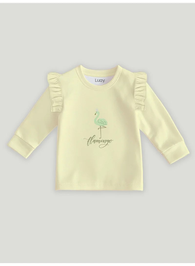 Luay  Luay® 100% Cotton Flamingo Printed Co-ord Set | Ultra-Soft Stylish & Classy Oufits | Full-Sleeve T-Shirt & Comfy Pants - Soft Yellow for Women | Best Price UAE