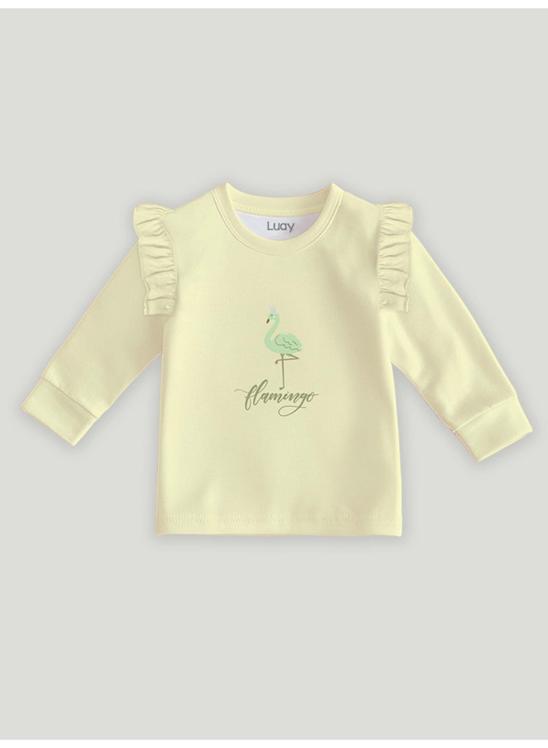 لؤي® طقم مطبوع بتصميم فلامنغو من القطن بنسبة 100% | أزياء فائقة النعومة، أنيقة وراقية | تيشيرت بأكمام طويلة وبنطال مريح - أصفر ناعم - Image 3