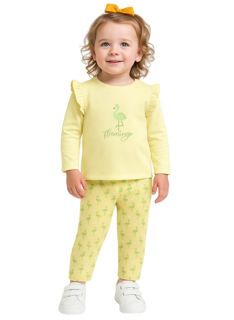 لؤي® طقم مطبوع بتصميم فلامنغو من القطن بنسبة 100% | أزياء فائقة النعومة، أنيقة وراقية | تيشيرت بأكمام طويلة وبنطال مريح - أصفر ناعم - Image 1