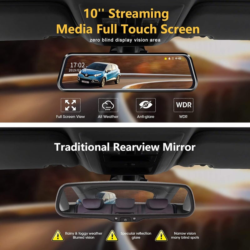 Jansite 10'' Mirror Dash Cam Night Vision 1080P FHD Full Touch Screen Front and Rear View Backup Camera for Cars Loop Recording Streaming Media 170°Wide Angle Parking Assistance with 10 Meters Cable - Image 3