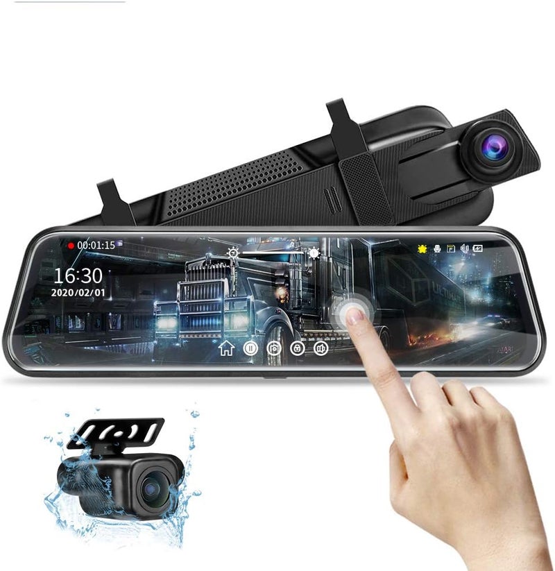 Jansite 10'' Mirror Dash Cam Night Vision 1080P FHD Full Touch Screen Front and Rear View Backup Camera for Cars Loop Recording Streaming Media 170°Wide Angle Parking Assistance with 10 Meters Cable - Image 1