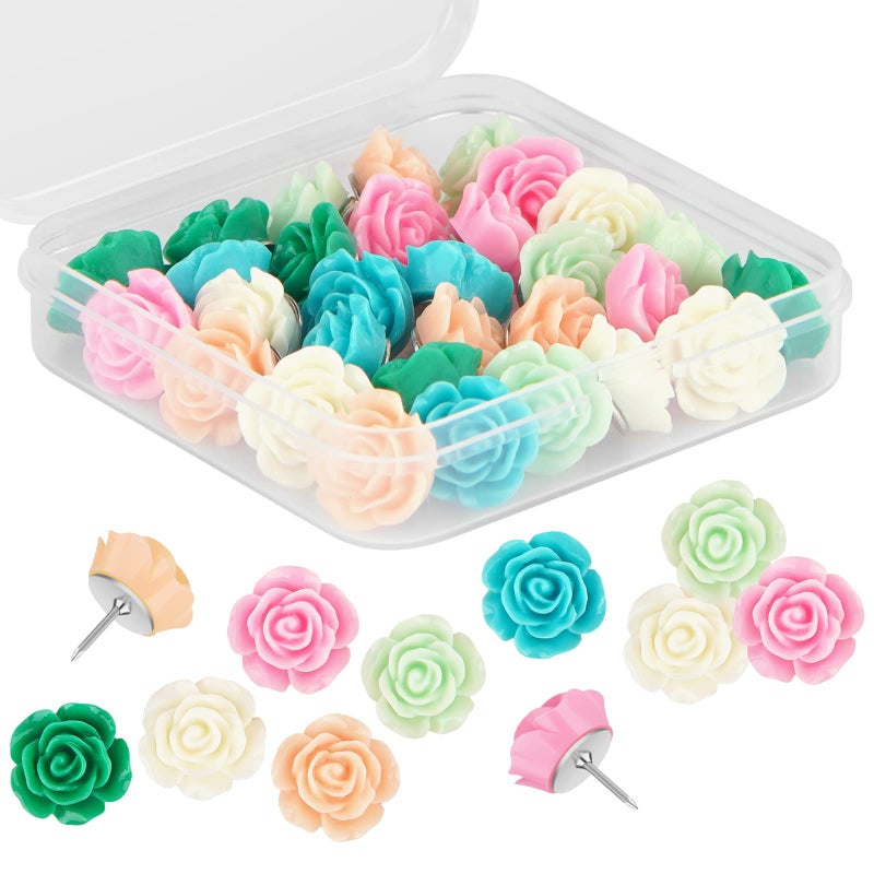 Cuttte Push Pins for Cork Board - Cuttte 30pcs Decorative Push Pins with Case, Cute Thumb Tacks and Pushpins for Bulletin Board, 6 Colors Flower Pushpins - Image 1