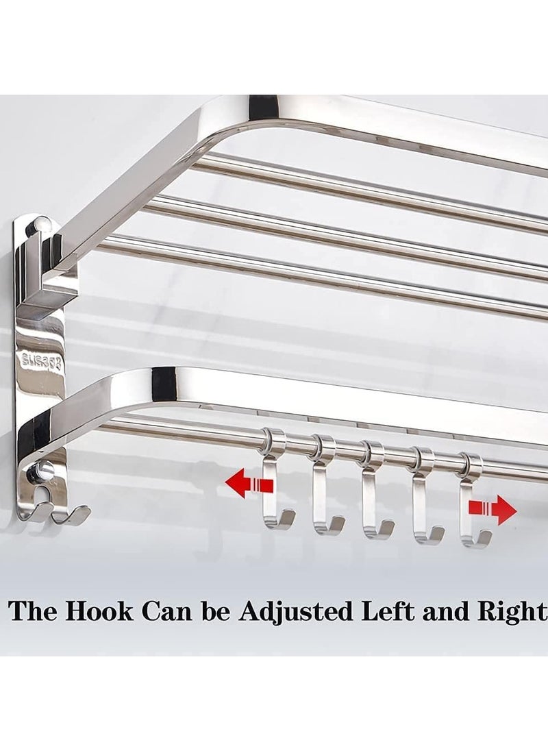 Bathroom Towel Rack, Towel Shelf with Two-Tier Architecture, Folding Towel Bars Wall Mount Holder, 5 Removable Hooks and Adjustable Towel Bar, Toilet Bathroom Bath Towel Cleaning Tools Holder