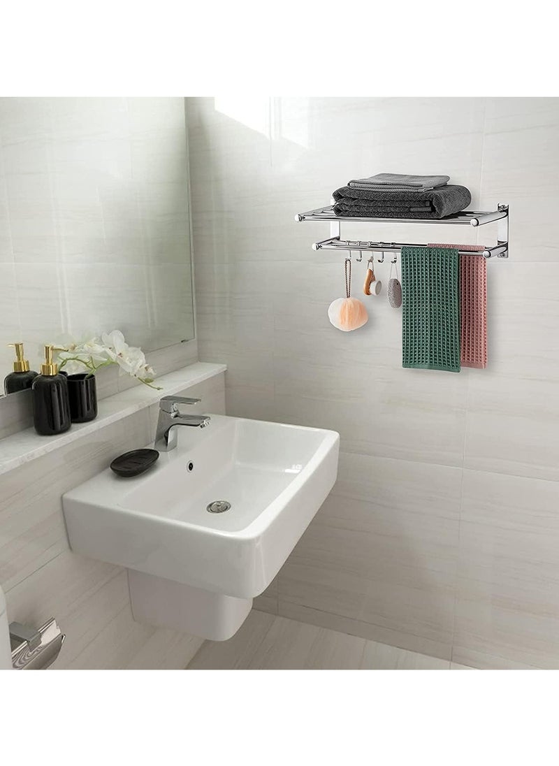 Bathroom Towel Rack, Towel Shelf with Two-Tier Architecture, Folding Towel Bars Wall Mount Holder, 5 Removable Hooks and Adjustable Towel Bar, Toilet Bathroom Bath Towel Cleaning Tools Holder