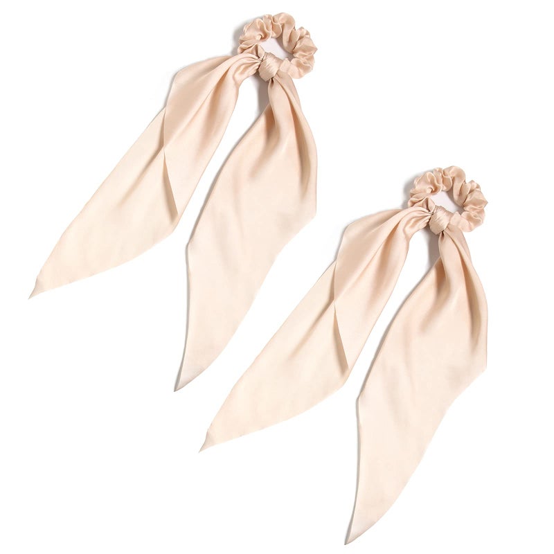 Pack of 2 Knotted Bow Hair Scrunchies Elastic Hair Scarf Black Hair Ties Bands Satin Hair Ribbon Scrunchy Red Ponytail Holder for Women and Girls Beige