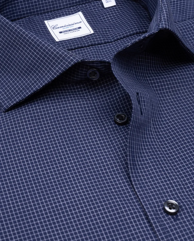 كاميتشسما Fancy Non-Iron Navy Blue Checked Poplin Slim Shirt