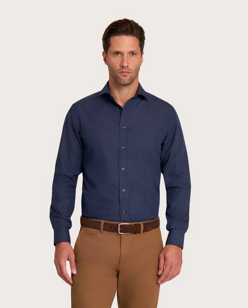 كاميتشسما Fancy Non-Iron Navy Blue Checked Poplin Slim Shirt