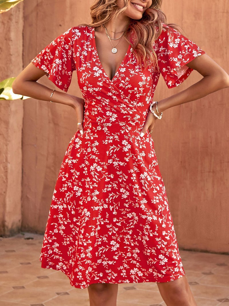 FENSACE Beach Vacation Outfits for Women Sundresses Red Floral Dress Resort Wear(Floral-44,Medium) - Image 5