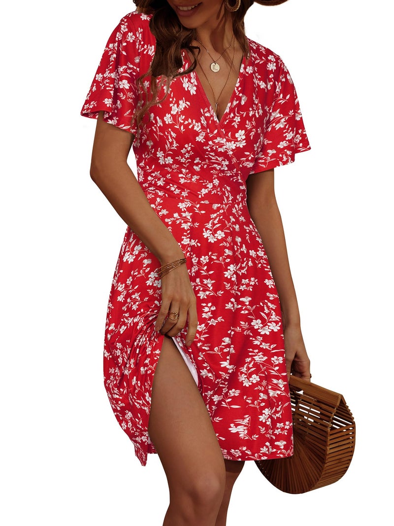 FENSACE Beach Vacation Outfits for Women Sundresses Red Floral Dress Resort Wear(Floral-44,Medium) - Image 1