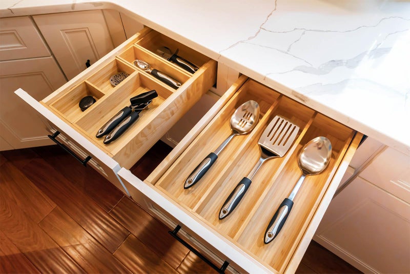 Umilife Bamboo Kitchen Utensils Organizer, Extra High Silverware Drawer Tray, Flatware Cutlery Storage Box, Multi-Use Holder in Office, Bathroom, Pantry - 15"x6"x2.5" (Set of 2) - Image 5