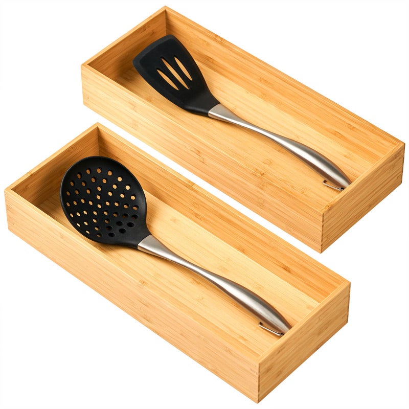 Umilife Bamboo Kitchen Utensils Organizer, Extra High Silverware Drawer Tray, Flatware Cutlery Storage Box, Multi-Use Holder in Office, Bathroom, Pantry - 15"x6"x2.5" (Set of 2) - Image 1