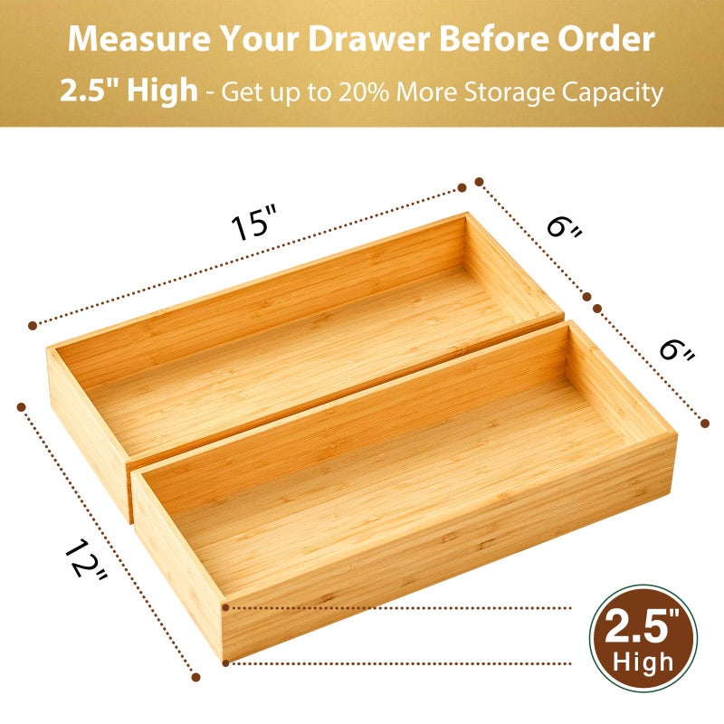 Umilife Bamboo Kitchen Utensils Organizer, Extra High Silverware Drawer Tray, Flatware Cutlery Storage Box, Multi-Use Holder in Office, Bathroom, Pantry - 15"x6"x2.5" (Set of 2) - Image 2